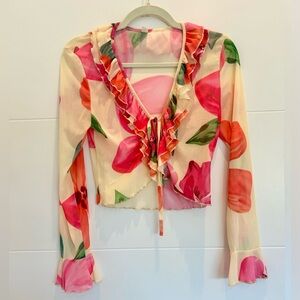 Ruffle Collar Floral Petunia Long Sleeve Sheer Blouse Size Small